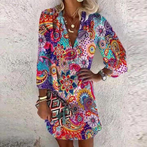 Summer V-neck Hanging Long Sleeve Printed Beach Bohemian Style Short Loose size Women