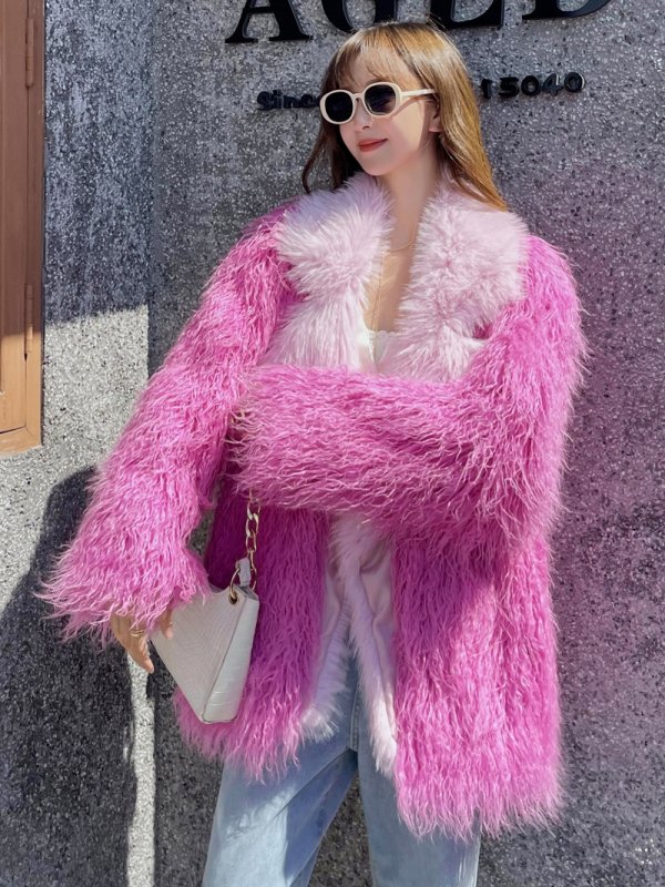 Beach-faux Wool Mid-length Coat Peach Fur Coat