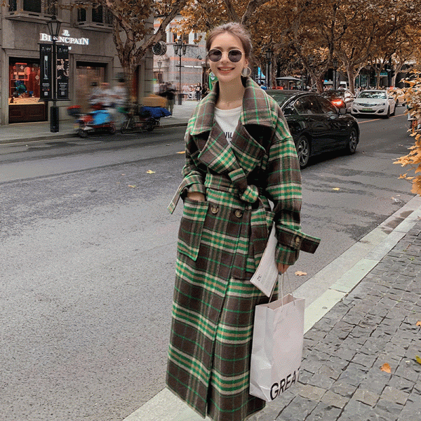 Loose Hepburn Style Woolen Coat Green Plaid Long Woolen Coat