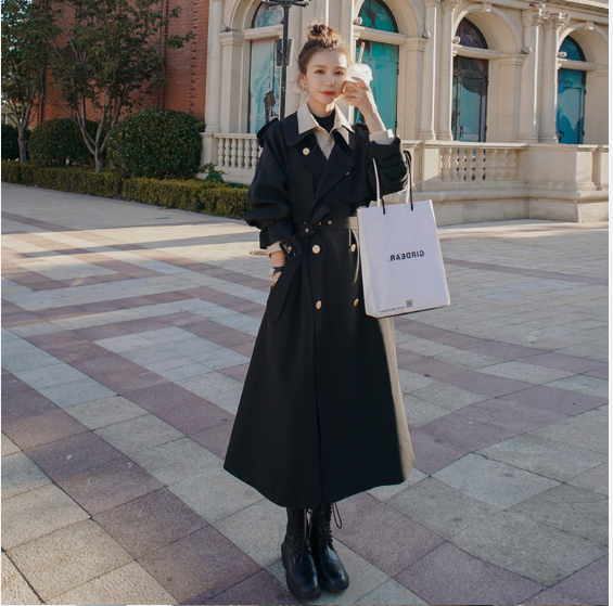 Ladies Black Trench Coat Hong Kong Style Drape Coat